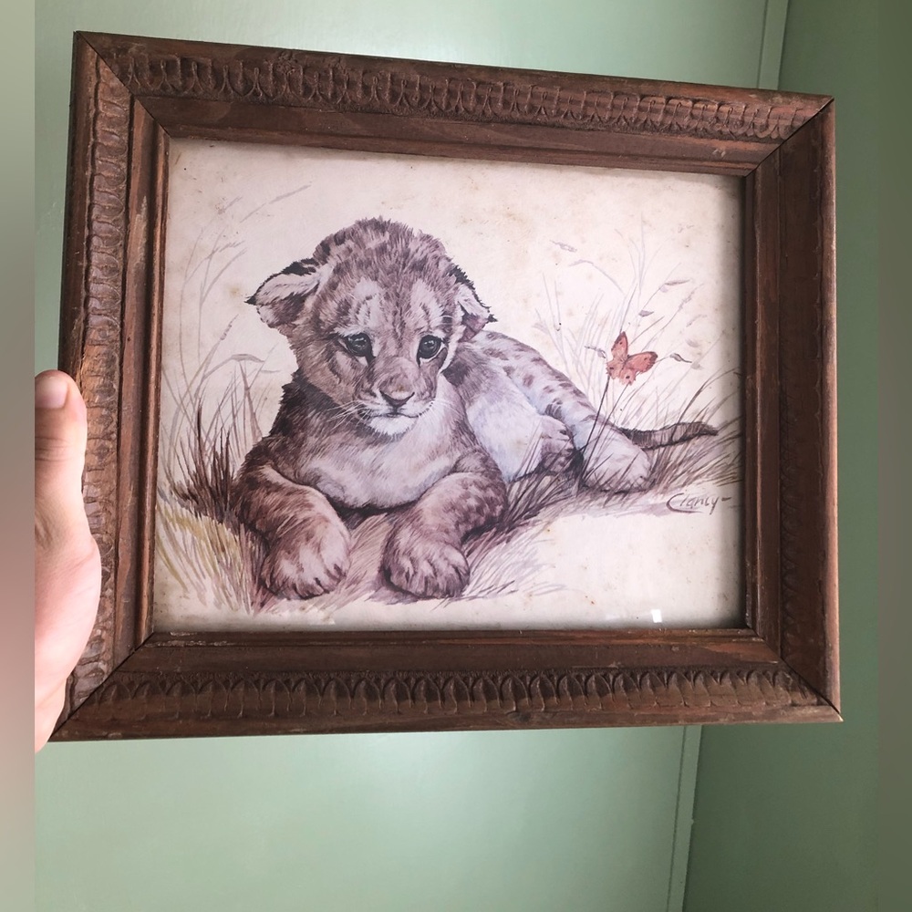 Vtg Clancy Kaplan Litho Print of Lion Cub 8 X 10” In Rustic Wood Frame Mcm